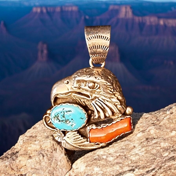 ✨OOAK! Roger Skeets Navajo Sterling Silver Turquoise and Red Coral EAGLE Pendant - Picture 6 of 17